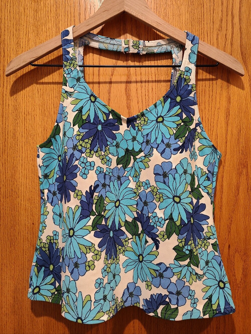 Lands End Blue White Floral Ribbed Tankini Swim Top Sz 12 Scoop Neck Clasp